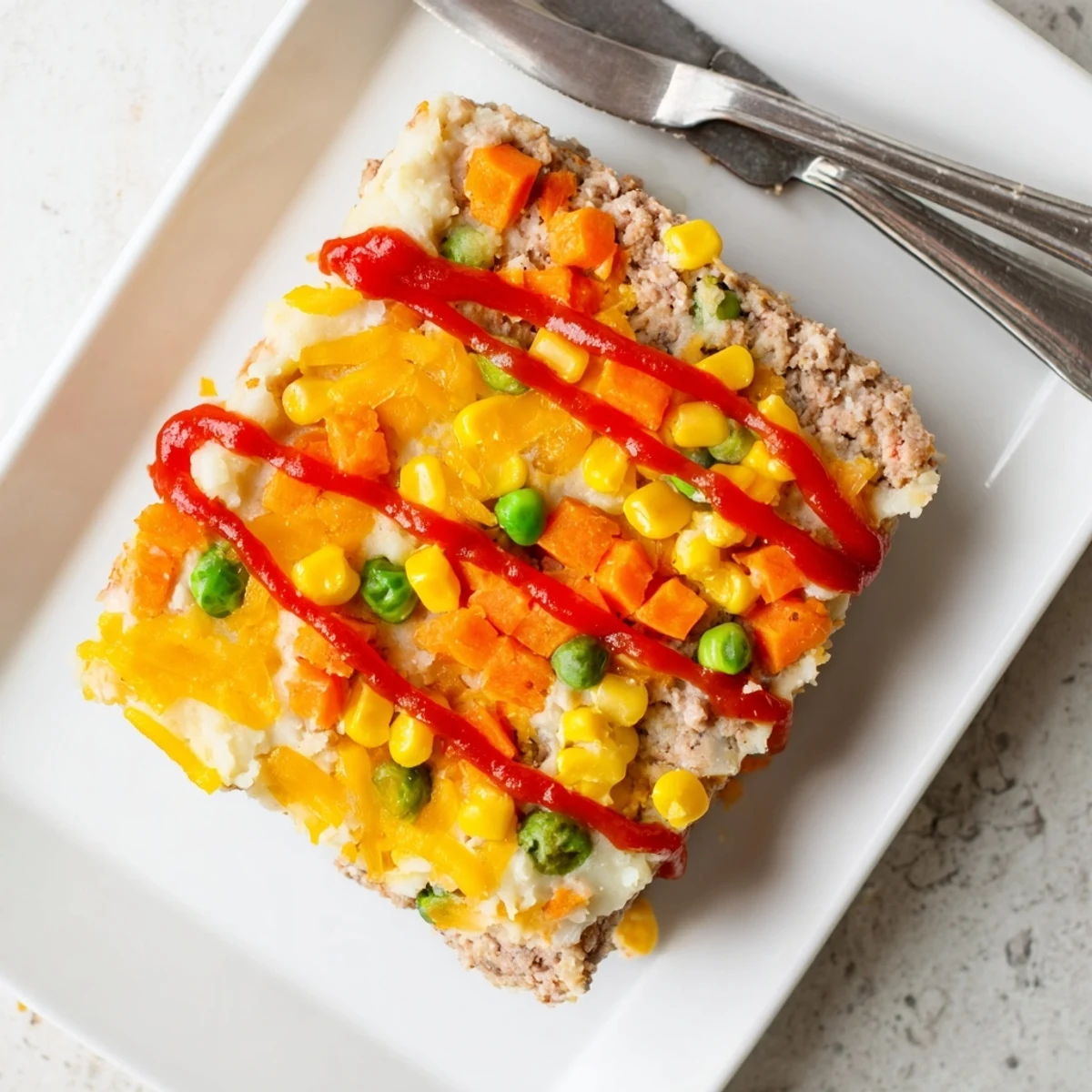 Golden meatloaf casserole with fluffy mashed potato topping and melted cheddar cheese