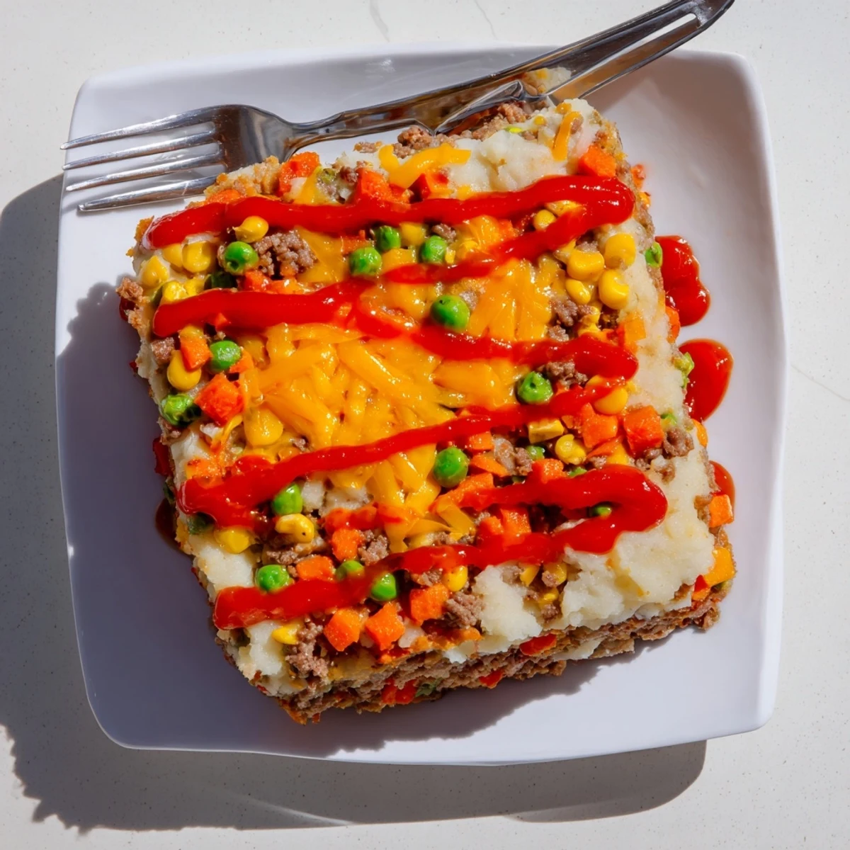Comforting meatloaf casserole layers ground beef under creamy mashed potatoes and bubbling cheese
