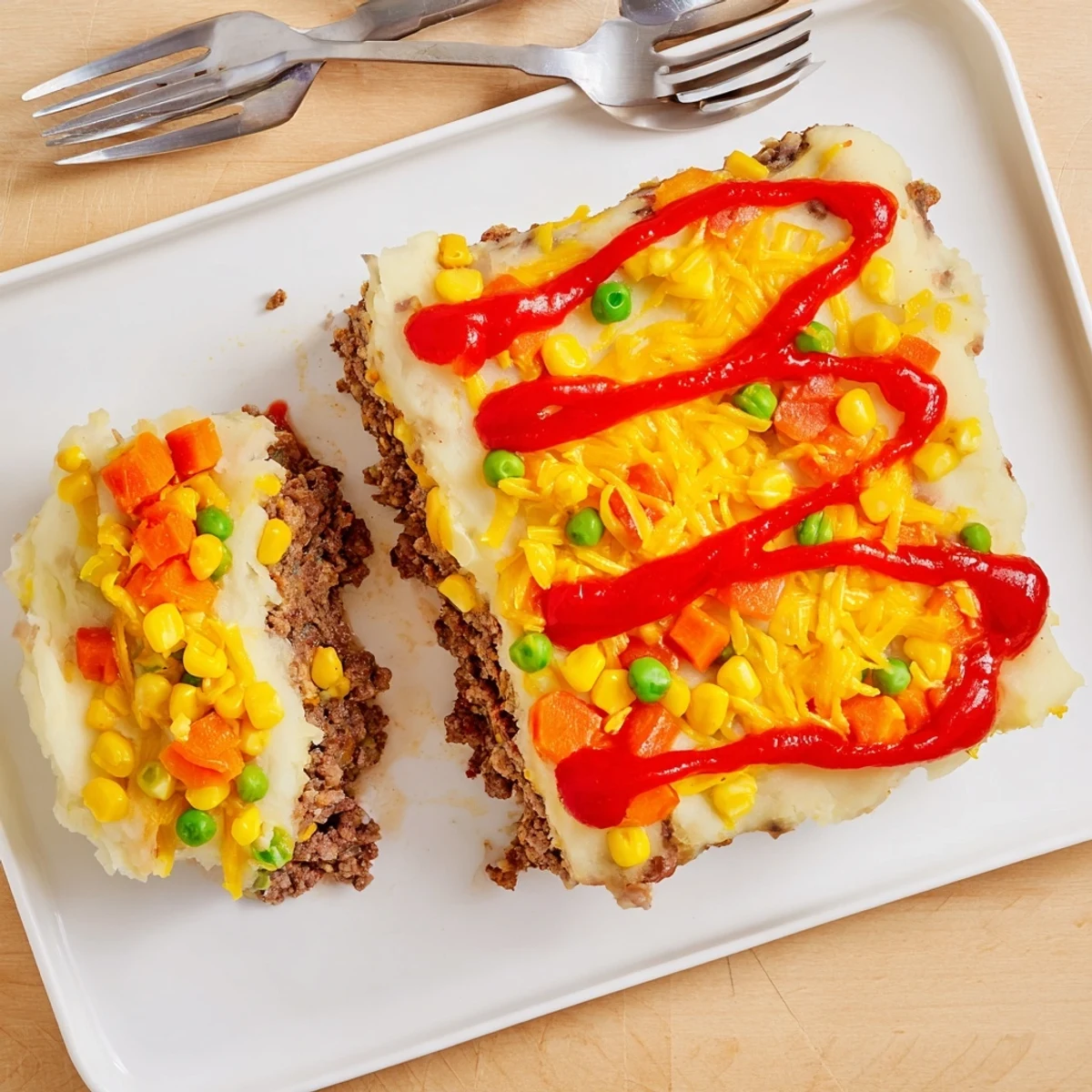 Family-style meatloaf casserole baked until golden with ketchup glaze and cheesy potato crust
