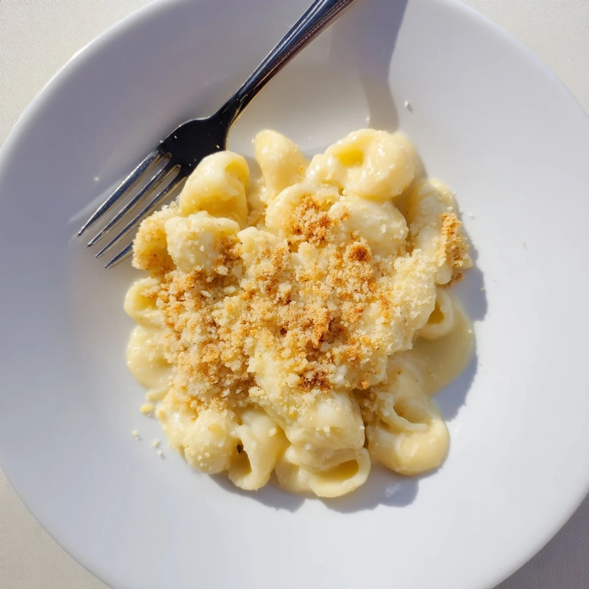 Golden baked mac and cheese with bubbly cheese topping and tender pasta