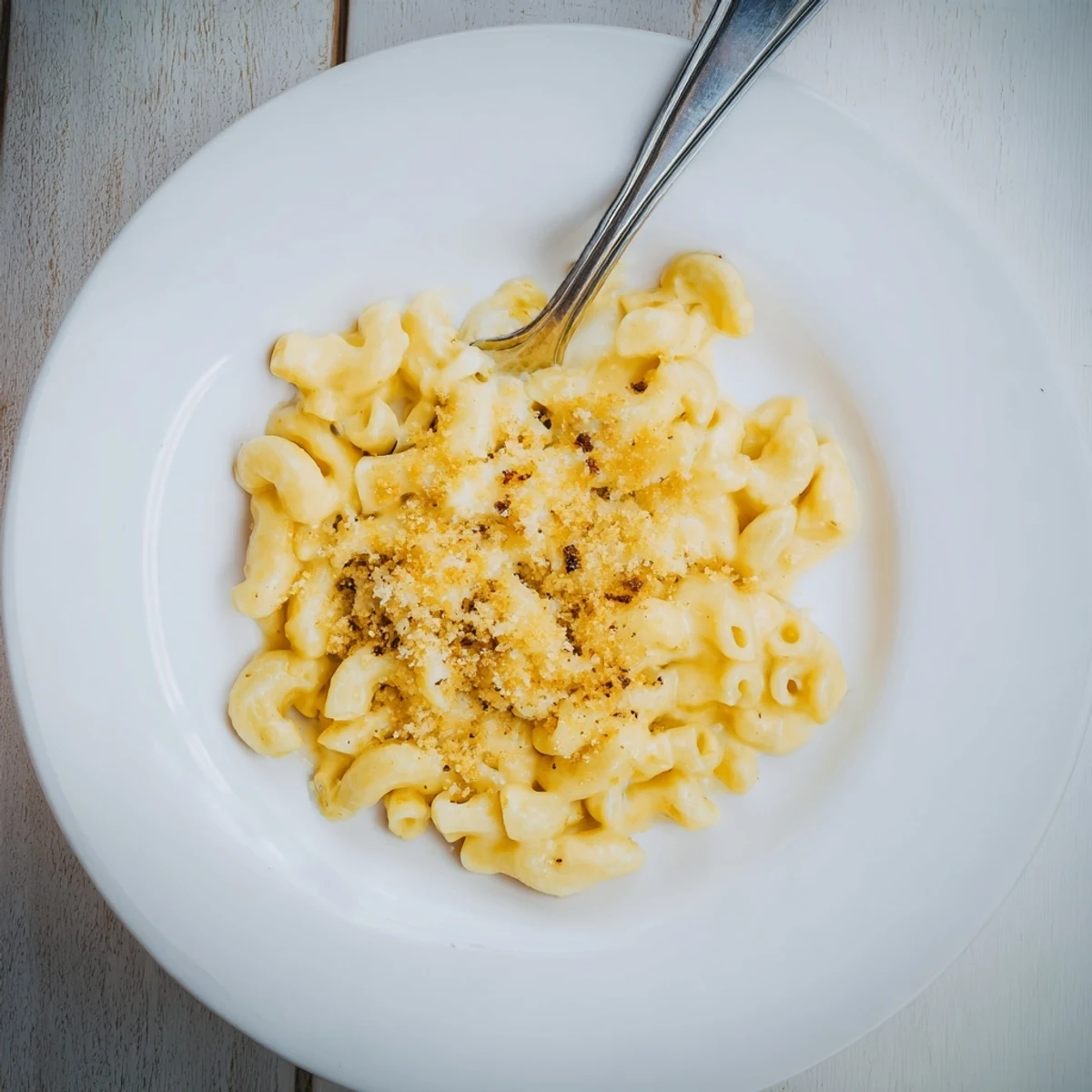 Oven-baked mac and cheese casserole with golden breadcrumb crust and gooey cheese center