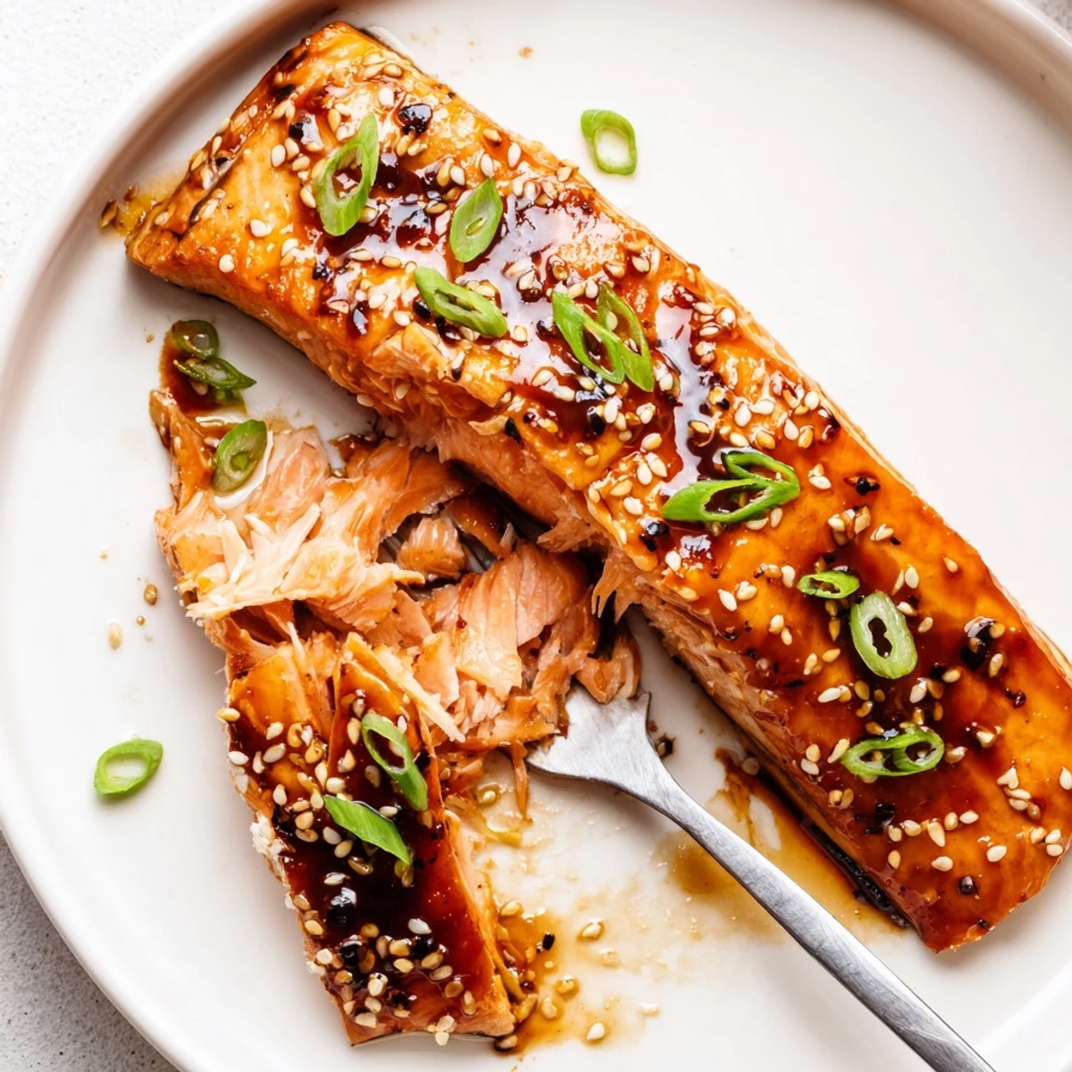 Close-up of flaky Gluten Free Teriyaki Salmon Recipe served over steamed rice
