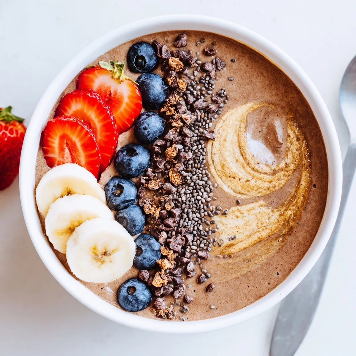 Creamy Coffee Protein Smoothie Bowl Recipe topped with granola and fresh berries