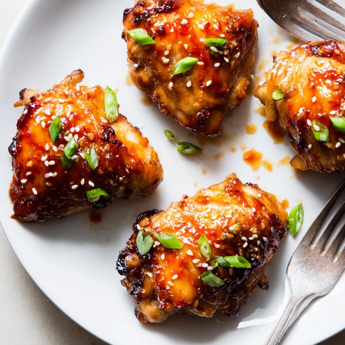 Crispy sweet chili air fryer chicken thighs glistening with a sticky golden glaze