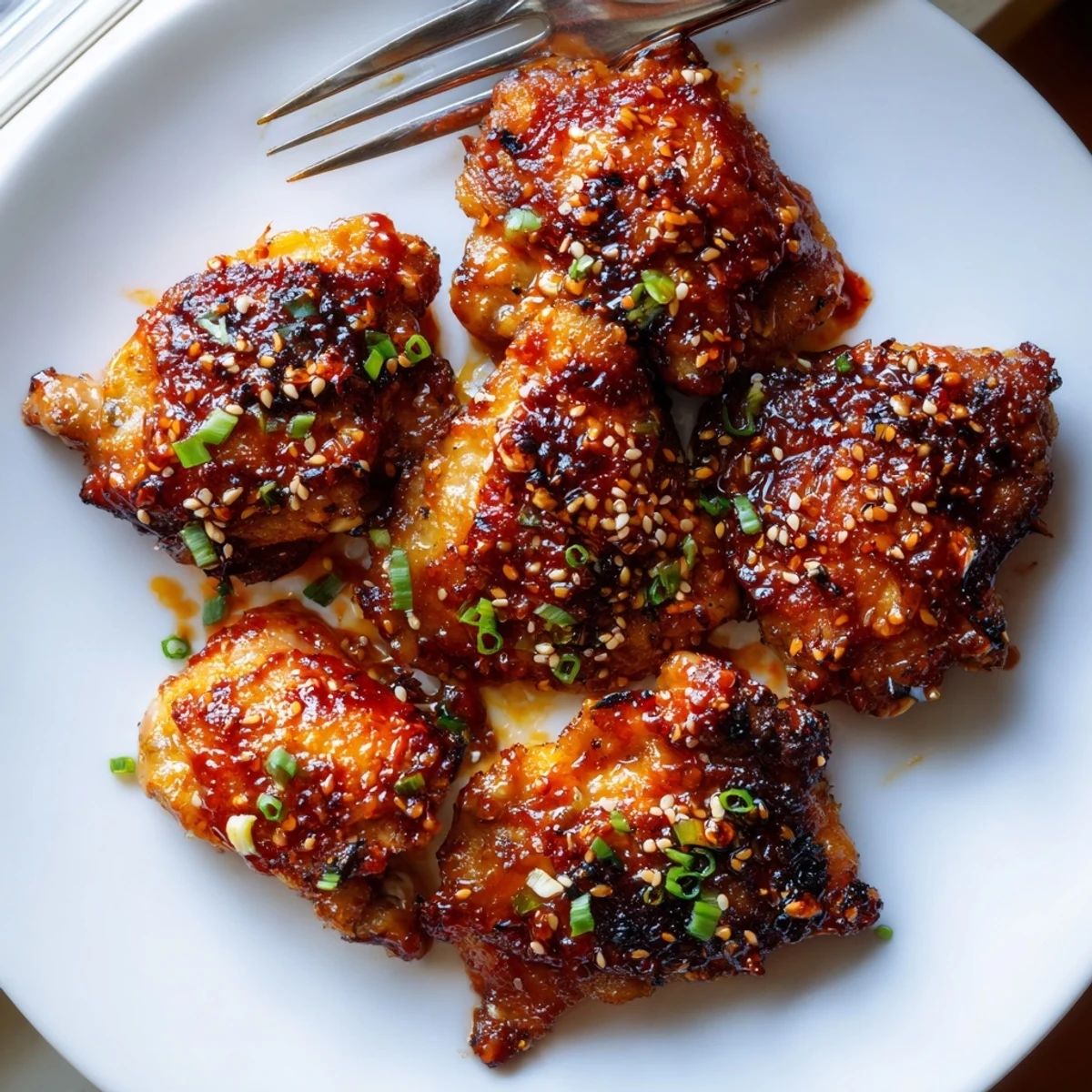 Juicy sweet chili air fryer chicken thighs topped with green onions and sesame seeds