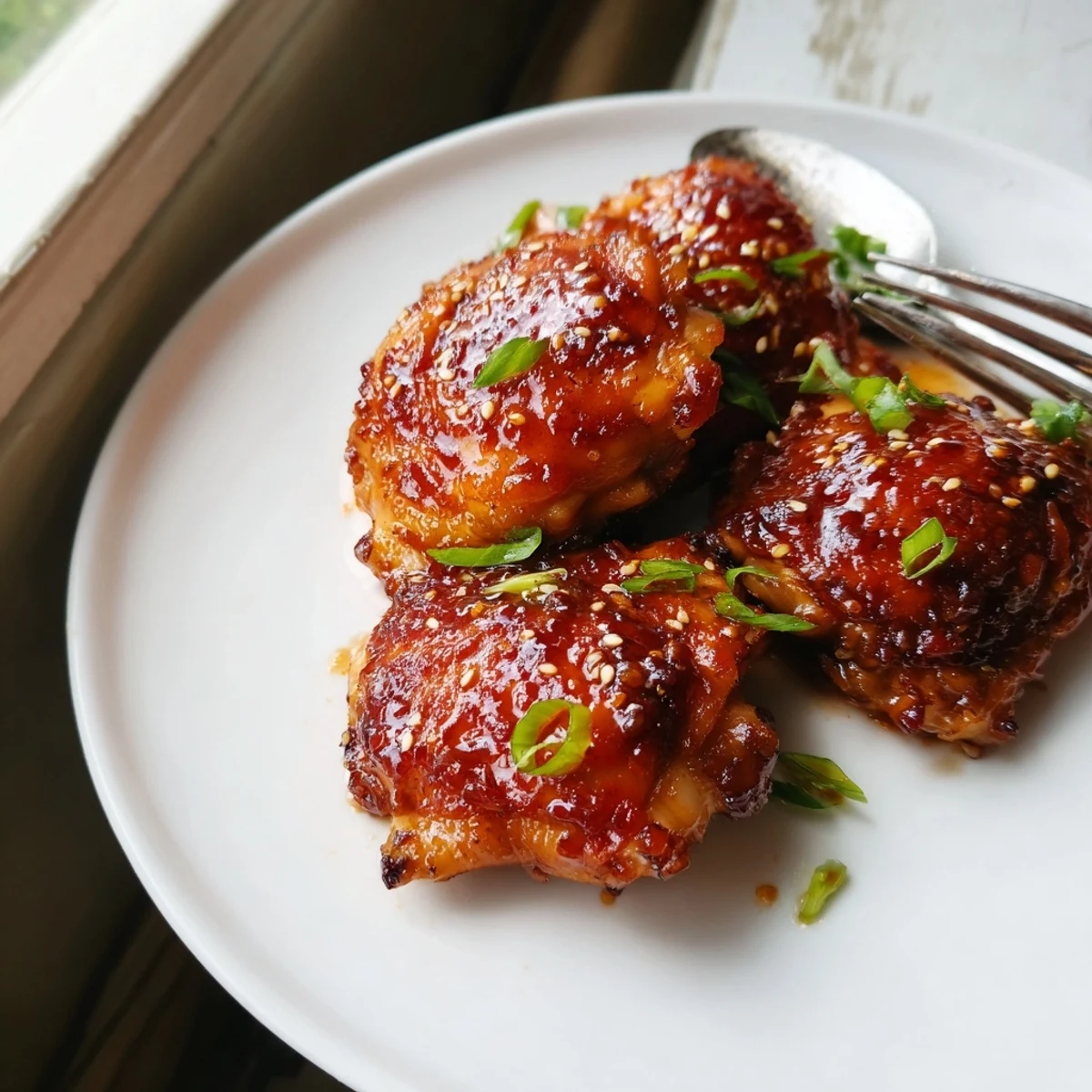 Golden sweet chili air fryer chicken thighs served over steamed rice on a white plate
