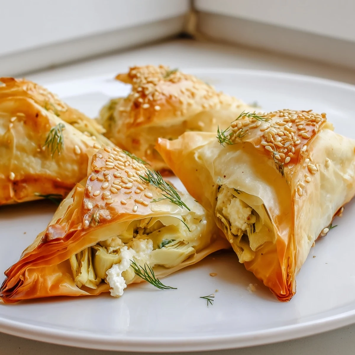 Crispy golden Artichoke and Graviera Filo Puffs arranged on a rustic baking tray