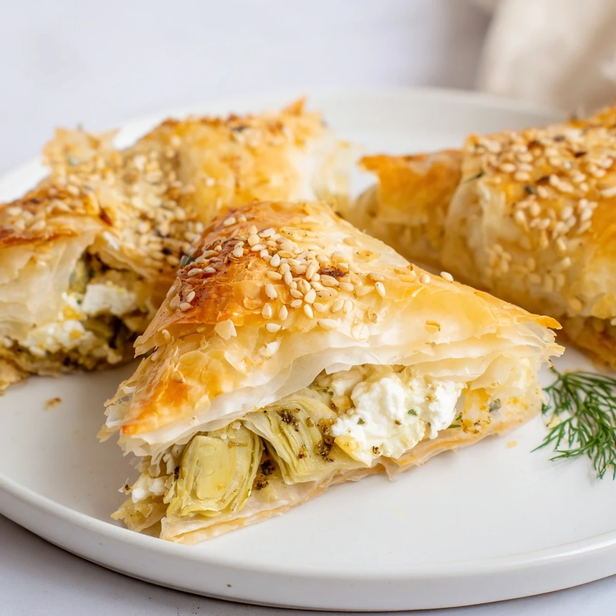 Flaky filo triangles stuffed with melted Graviera cheese and tender artichoke hearts