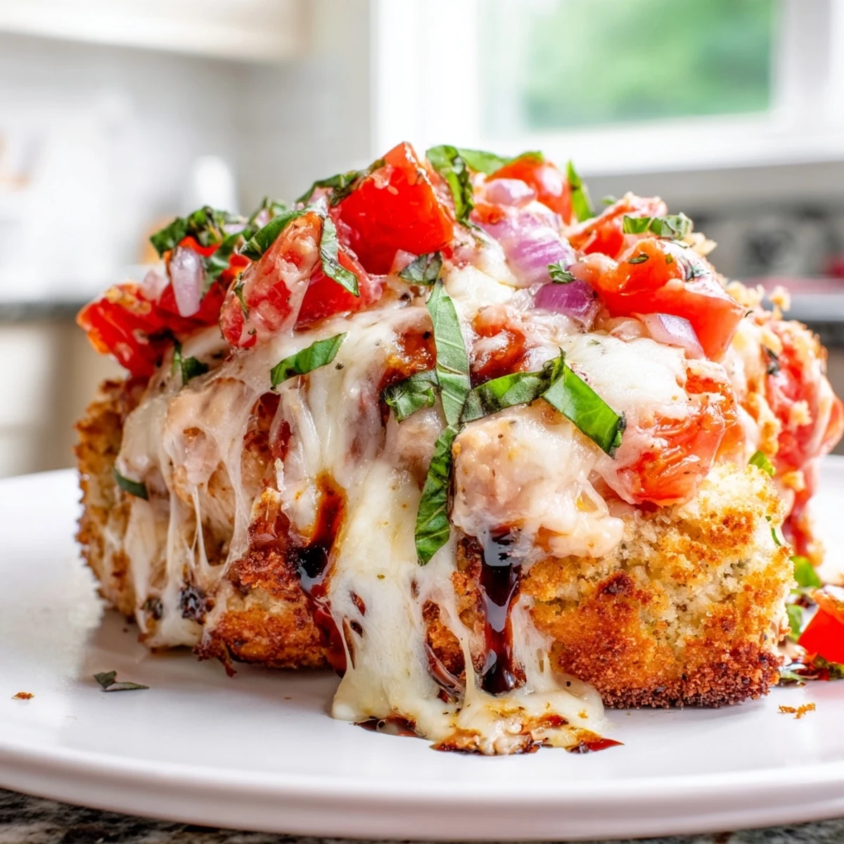 Golden baked chicken bruschetta casserole topped with melted mozzarella and fresh tomatoes