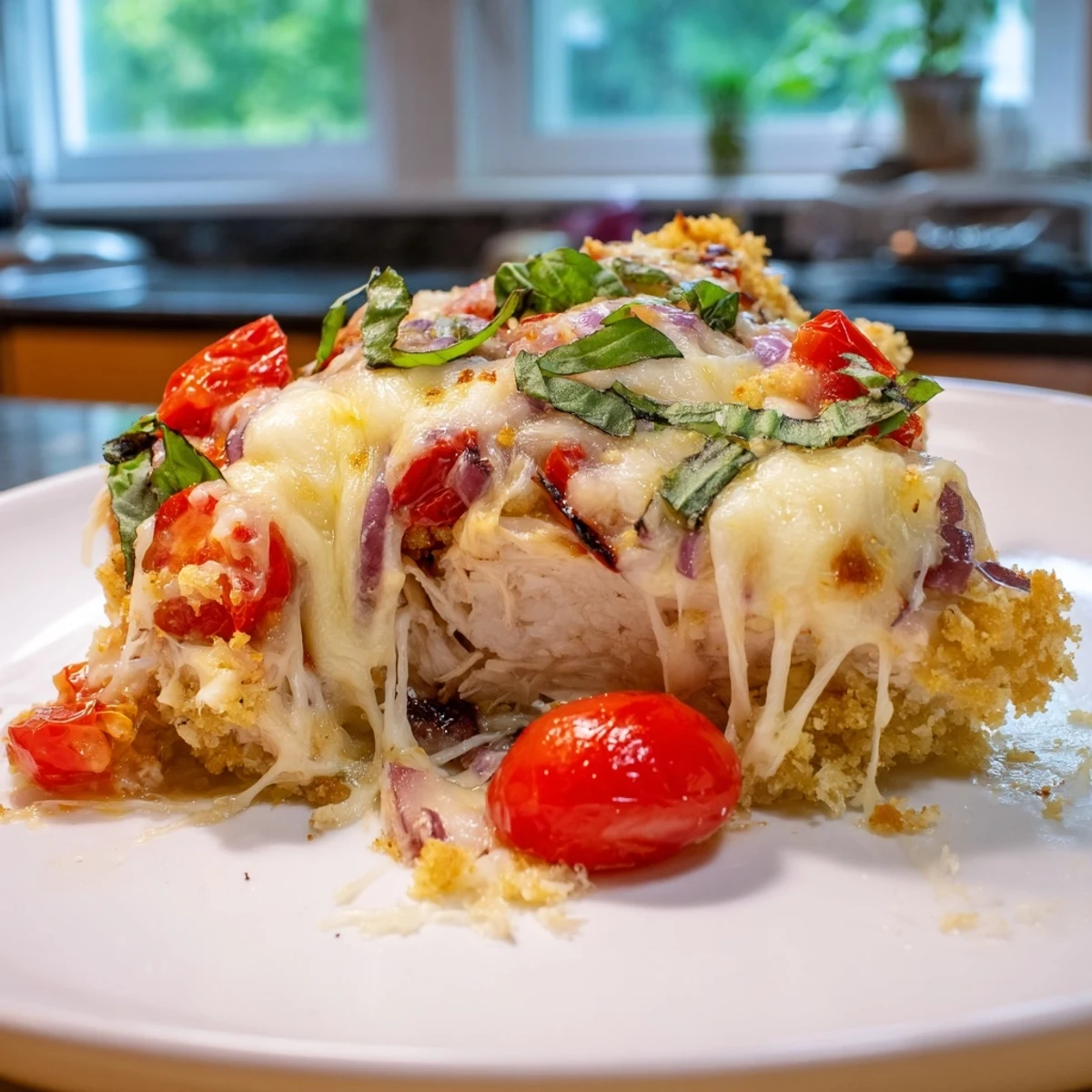Creamy mozzarella and crunchy breadcrumbs crown this bubbling chicken bruschetta casserole