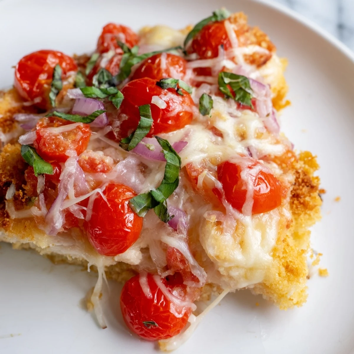 Juicy chicken breasts buried under zesty tomato bruschetta and golden bread crumbs