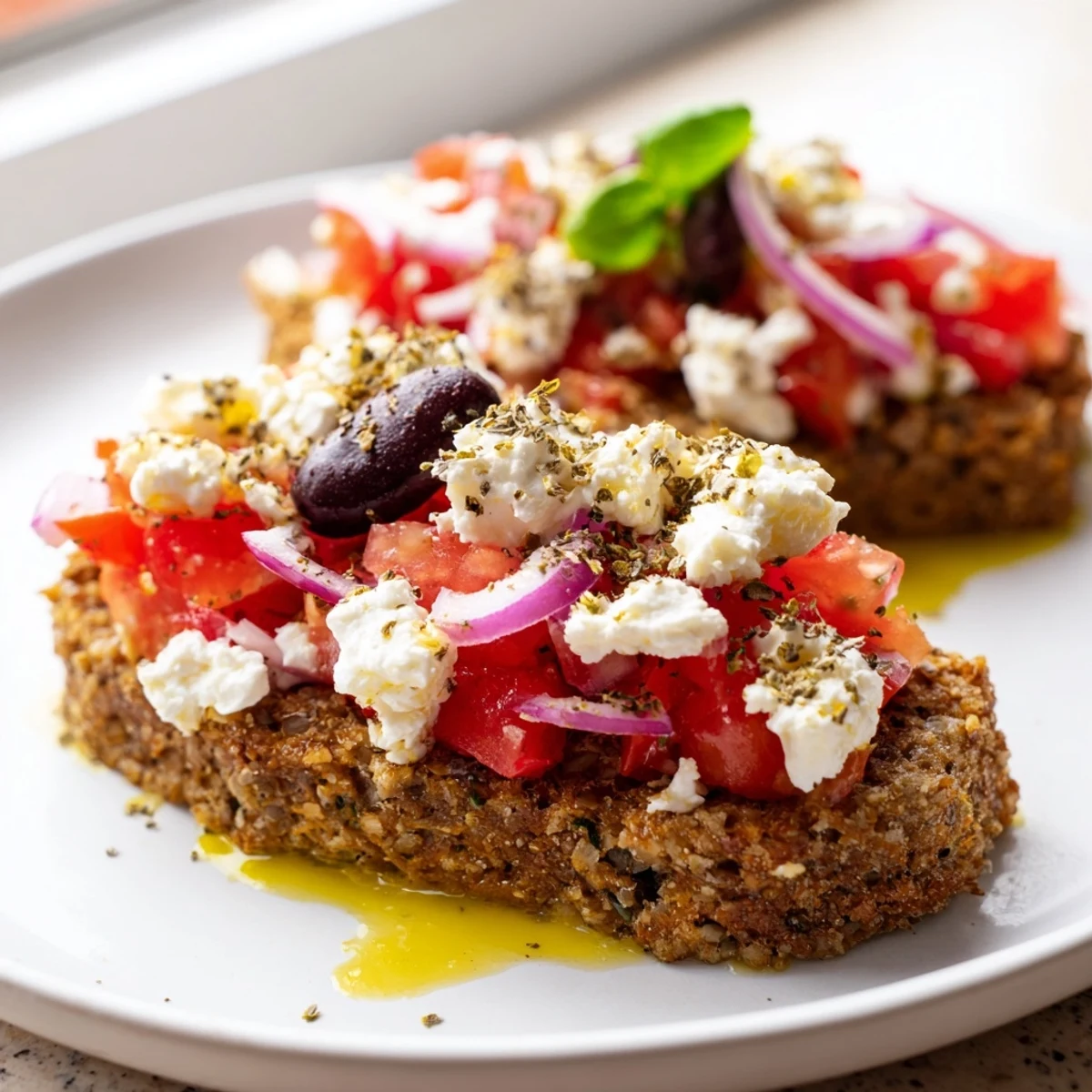 Golden Cretan feta rusks drizzled with olive oil and scattered fresh herbs