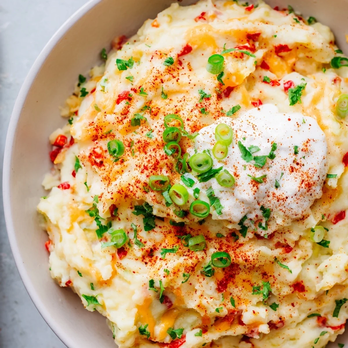 Creamy Tex Mex Mashed Potatoes topped with fresh cilantro and melted cheddar cheese