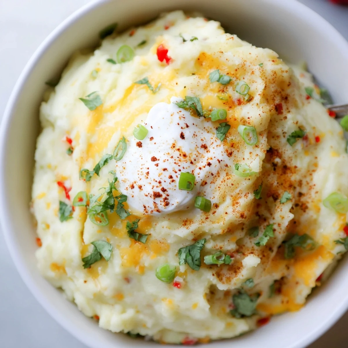 Golden Tex Mex Mashed Potatoes garnished with green onions in a rustic serving dish