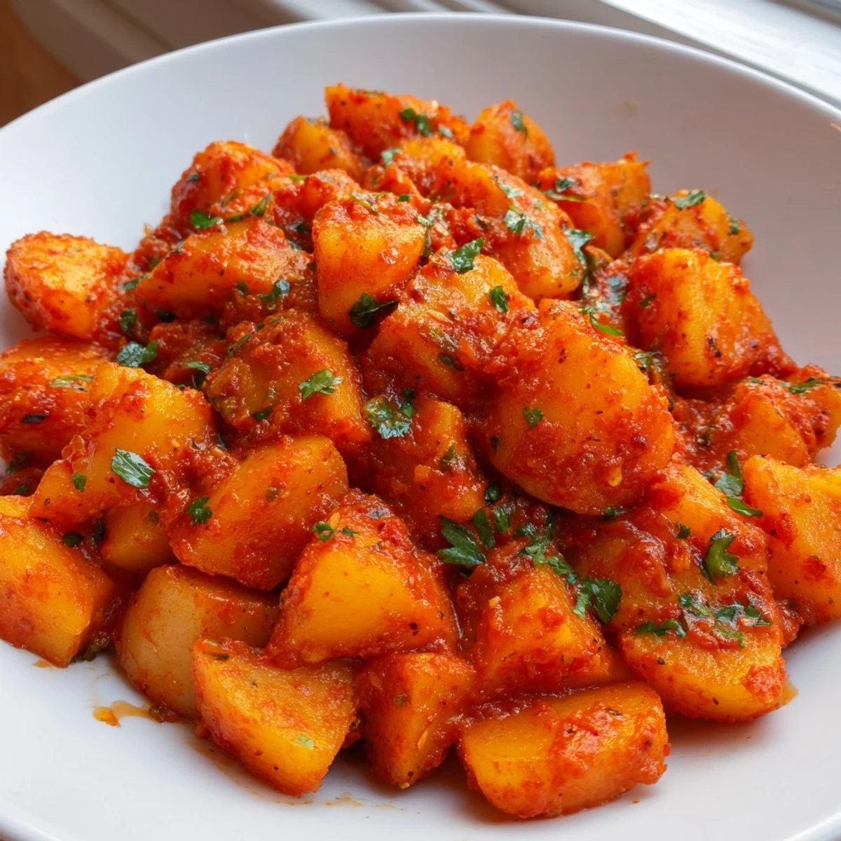 Golden papas con chile simmered in a rich, mildly spicy red chile sauce