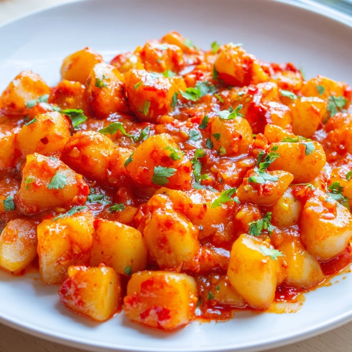 Tender papas con chile topped with fresh cilantro in a cast iron skillet