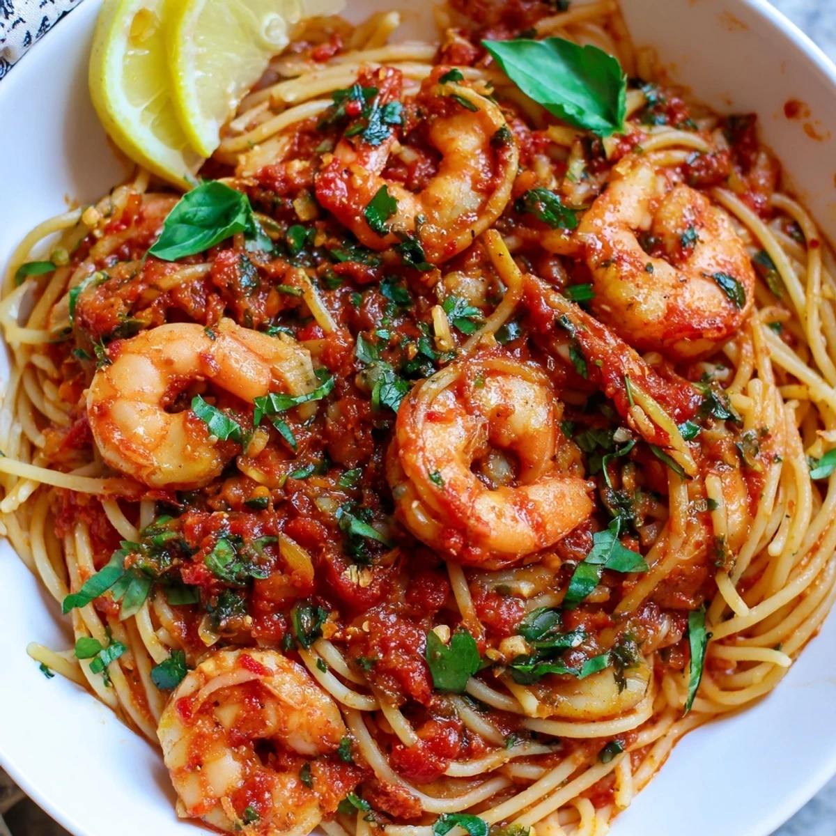 Spicy Shrimp Fra Diavolo simmered in a bold, garlicky tomato sauce with fresh parsley
