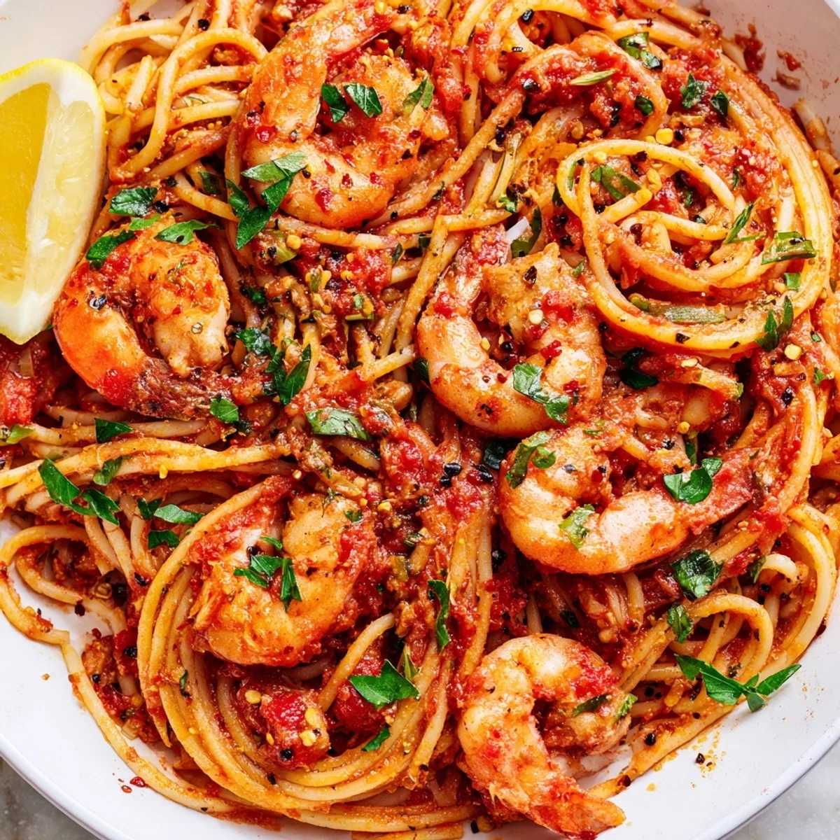 Plump pink shrimp nestled in fiery crushed tomato sauce, served over steaming linguine pasta