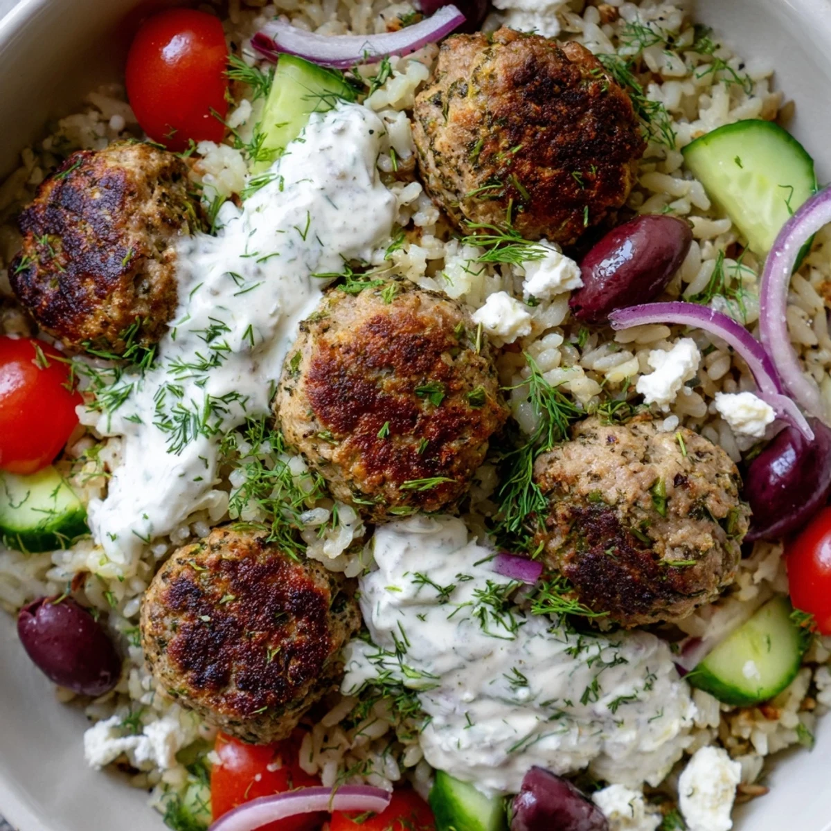 Golden za'atar turkey meatballs nestled over herbed rice with cool yogurt sauce