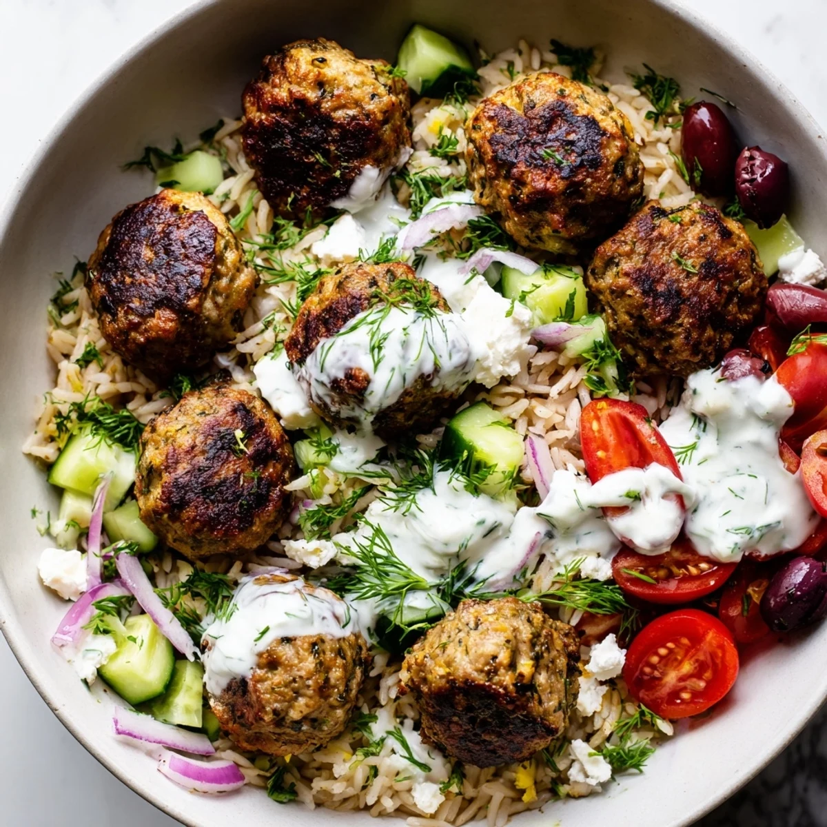 Mediterranean za'atar turkey meatball bowls topped with crisp cucumbers and tomatoes