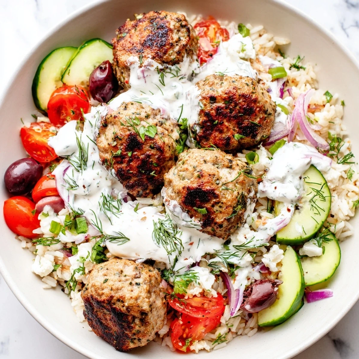 Creamy yogurt drizzled over Mediterranean za'atar turkey meatball bowls with olives