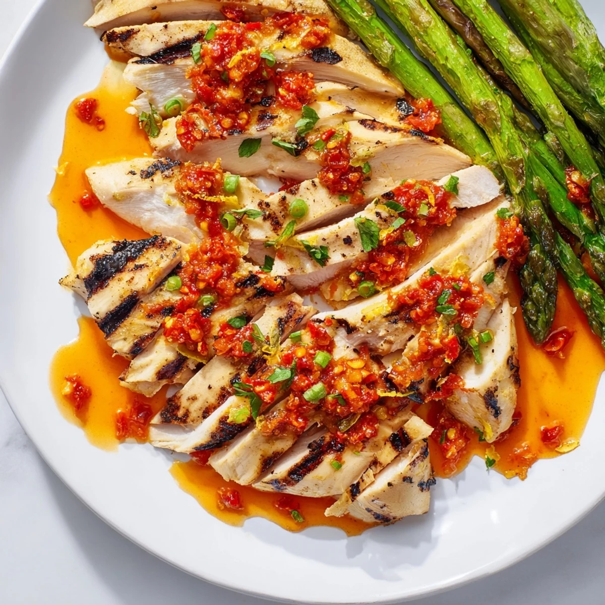 Juicy grilled asparagus chicken drizzled with vibrant Calabrian chili sauce on a white plate