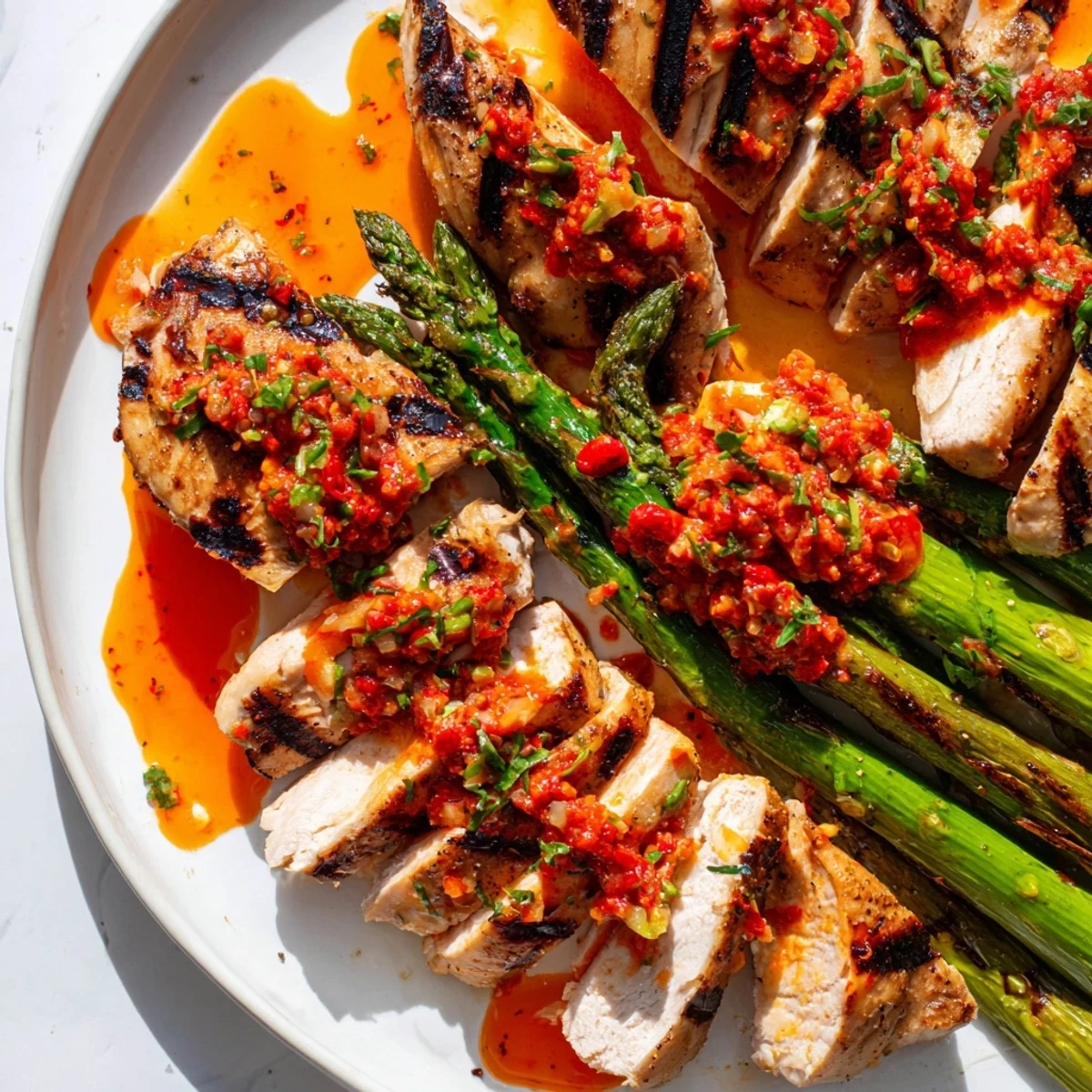 Perfectly charred grilled asparagus chicken finished with spicy Calabrian chili sauce and fresh parsley