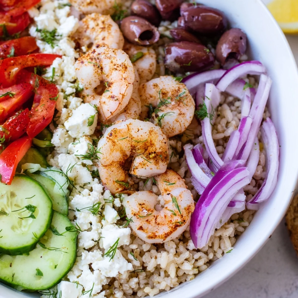 Golden Greek Shrimp Mediterranean Bowl with Crumbled Feta, Olives, and Fresh Vegetables