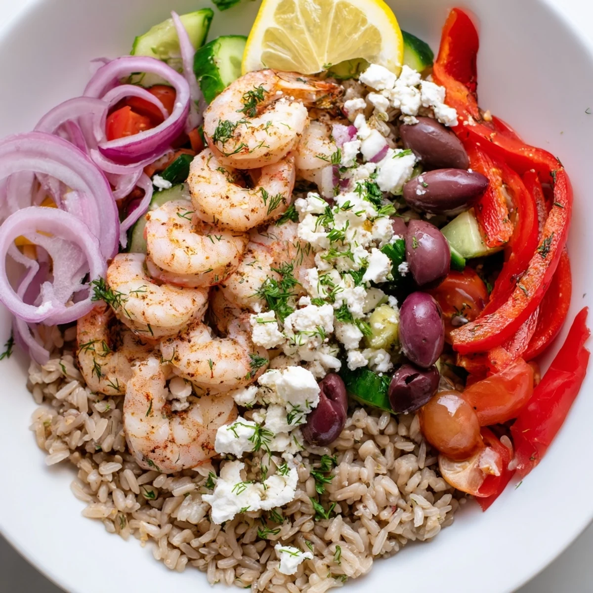 Juicy Seared Greek Shrimp Mediterranean Bowl Topped with Tangy Feta and Herbs