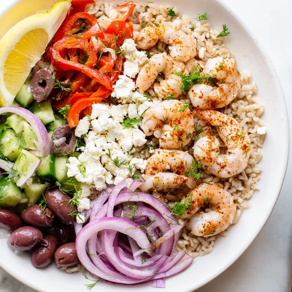 Bright and Colorful Greek Shrimp Mediterranean Bowl Drizzled with Zesty Lemon Dressing