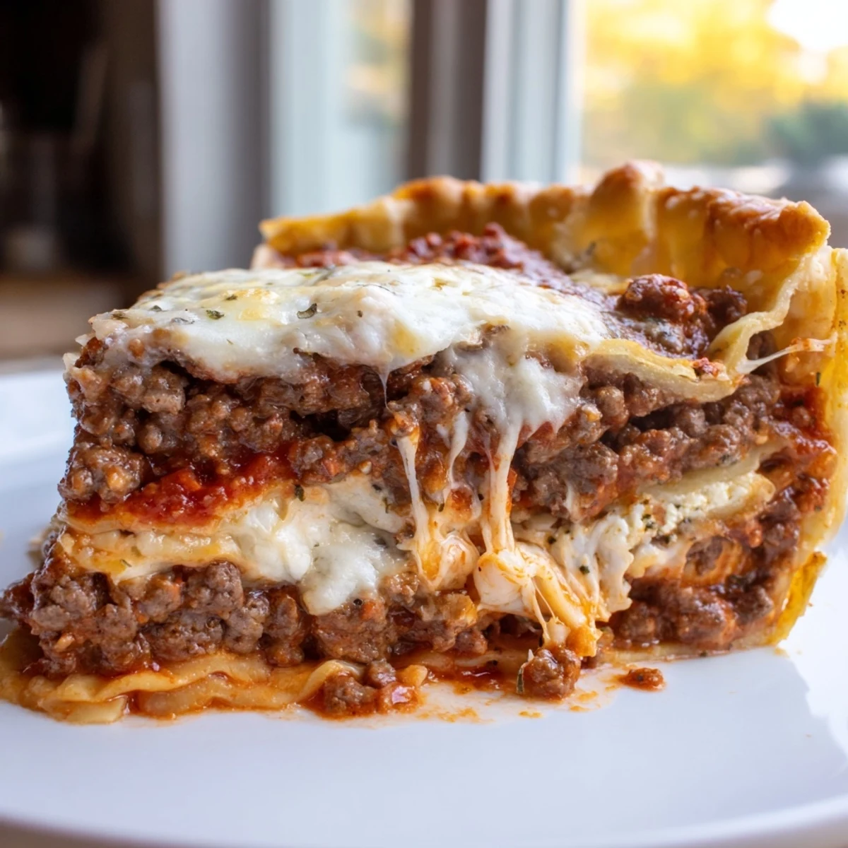 Steaming slice of cheesy lasagna pie revealing stretchy mozzarella and rich meat sauce