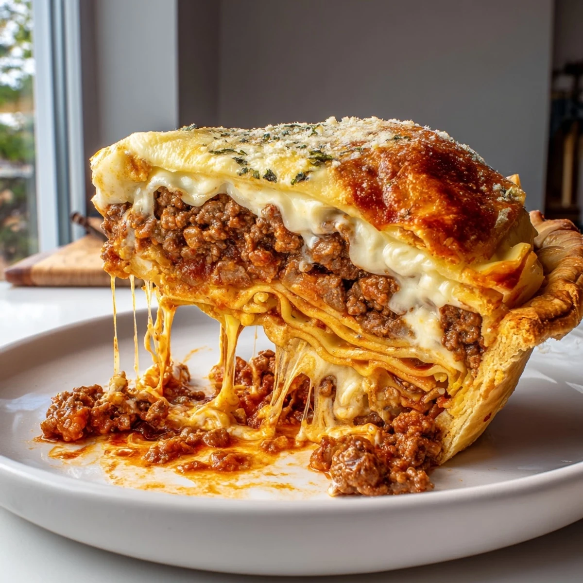 Golden cheesy lasagna pie with gooey layers sliced on a white ceramic plate