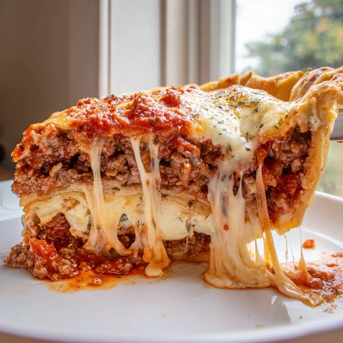 Baked cheesy lasagna pie bubbling with melted cheese and herbs in a golden crust