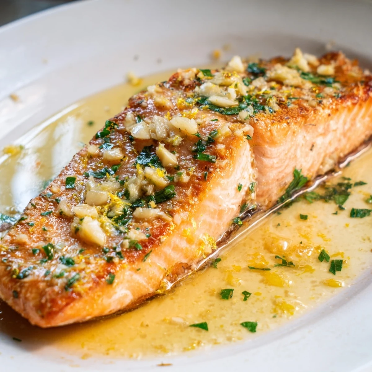 Golden garlic butter salmon fillets glistening with lemon herb sauce on a white plate