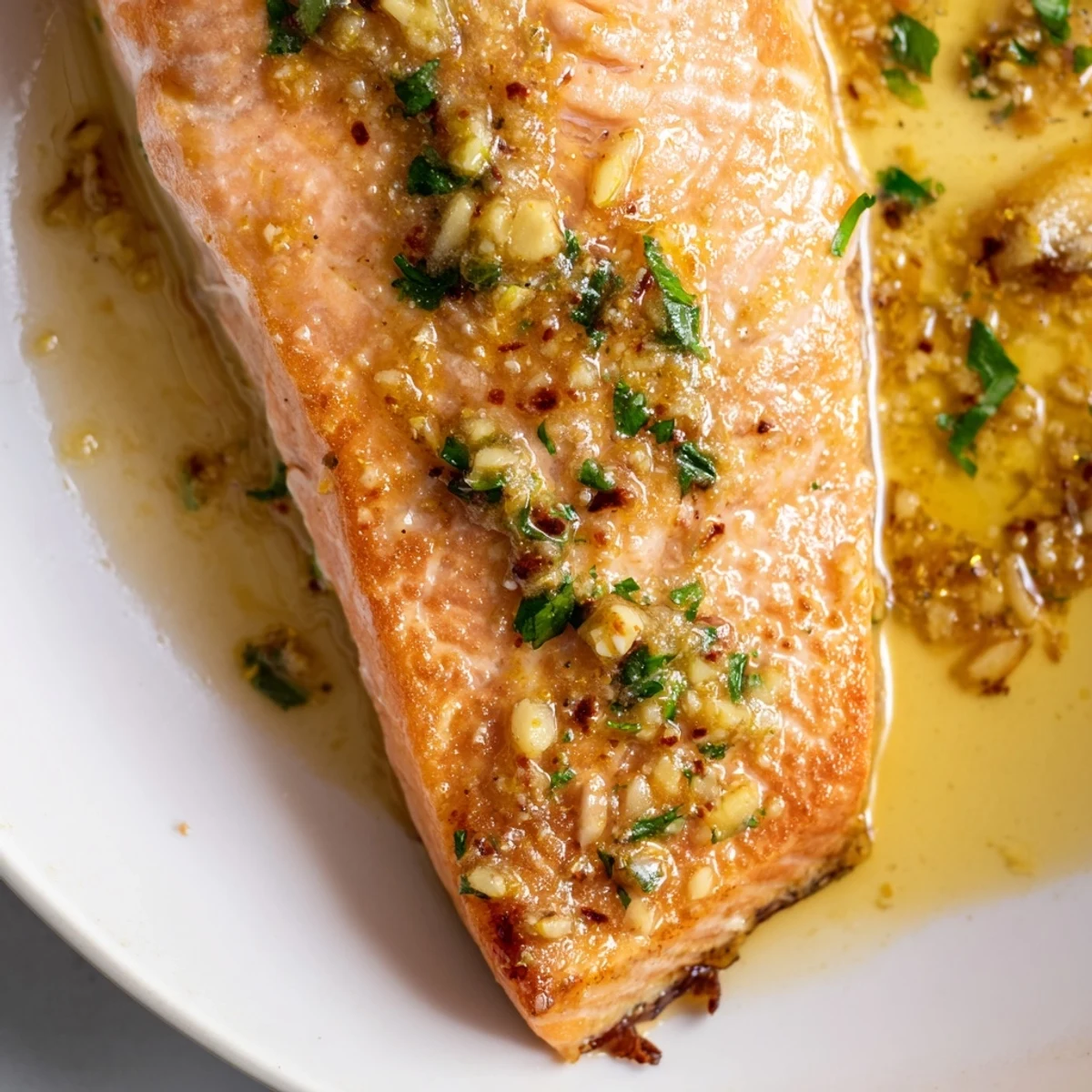 Juicy garlic butter salmon topped with fresh parsley and served alongside bright lemon wedges