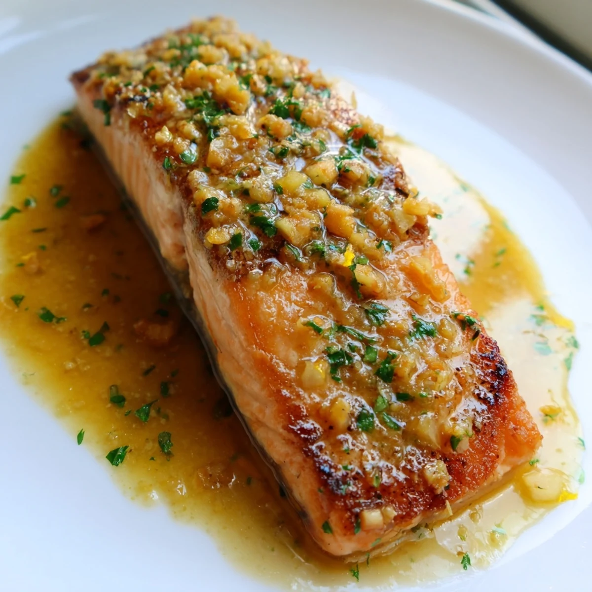 Crispy pan-seared garlic butter salmon drizzled with rich, melted lemon butter sauce