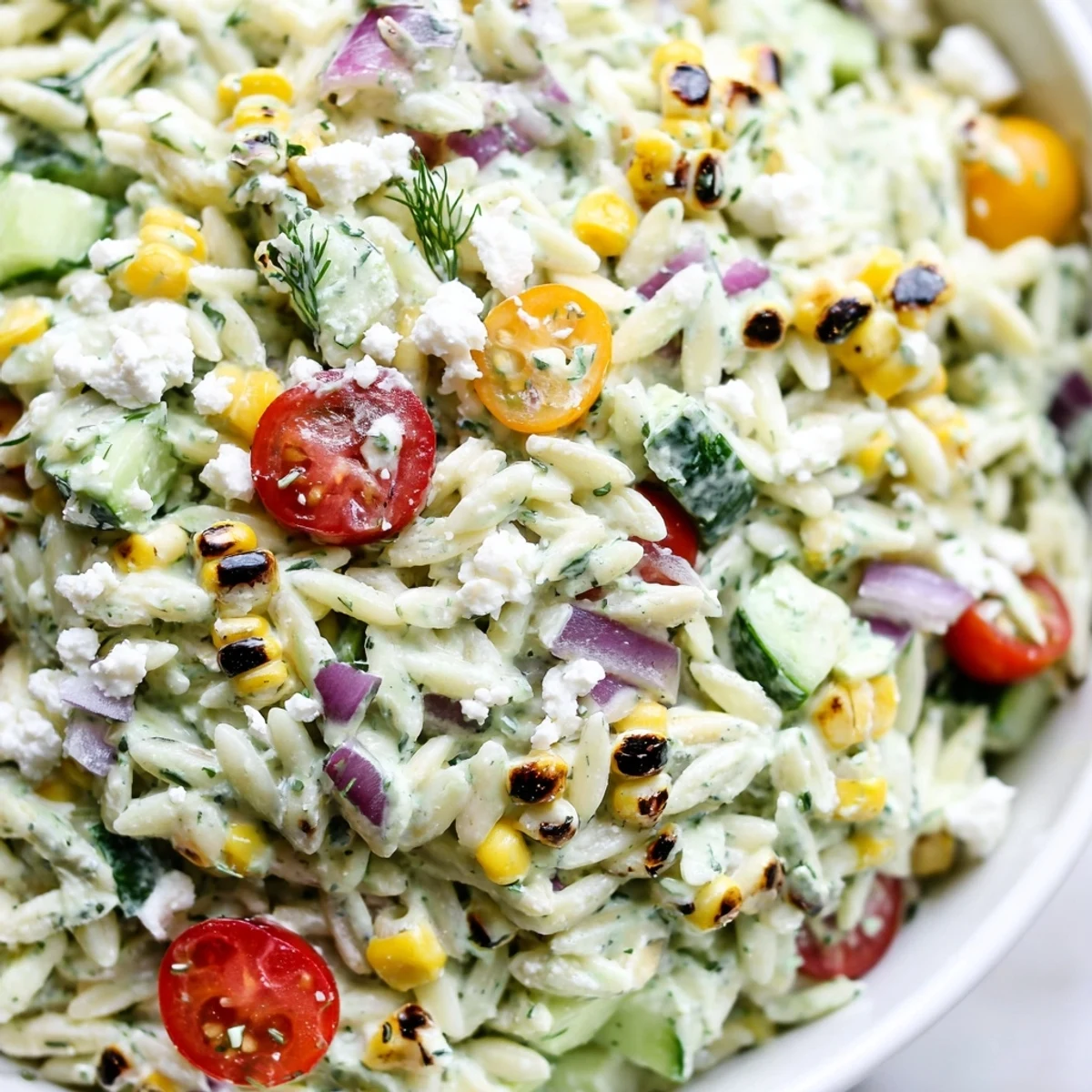 Smoky grilled corn kernels and tender orzo tossed in creamy scallion dill dressing