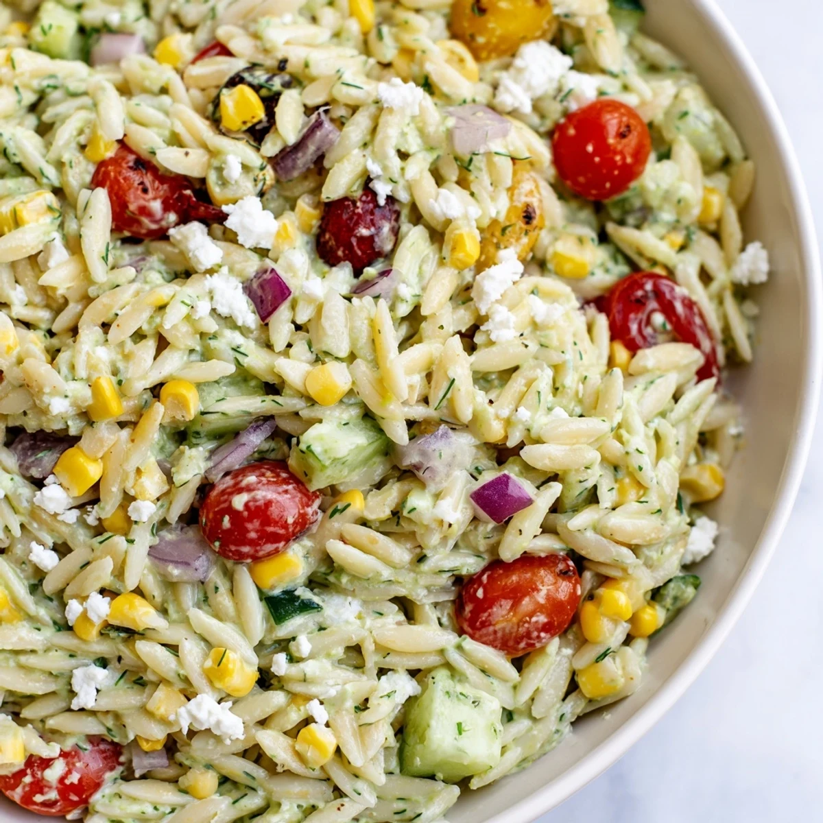 Grilled corn orzo salad with scallion dill dressing served at a sunny picnic