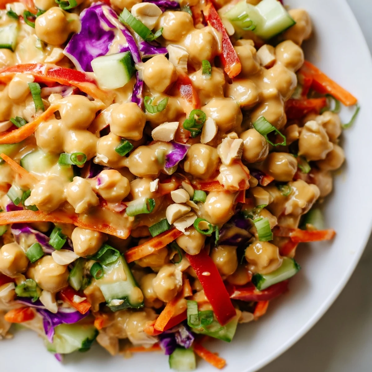 Vibrant Crunchy Thai chickpea salad served in a bowl with diced bell peppers and cilantro