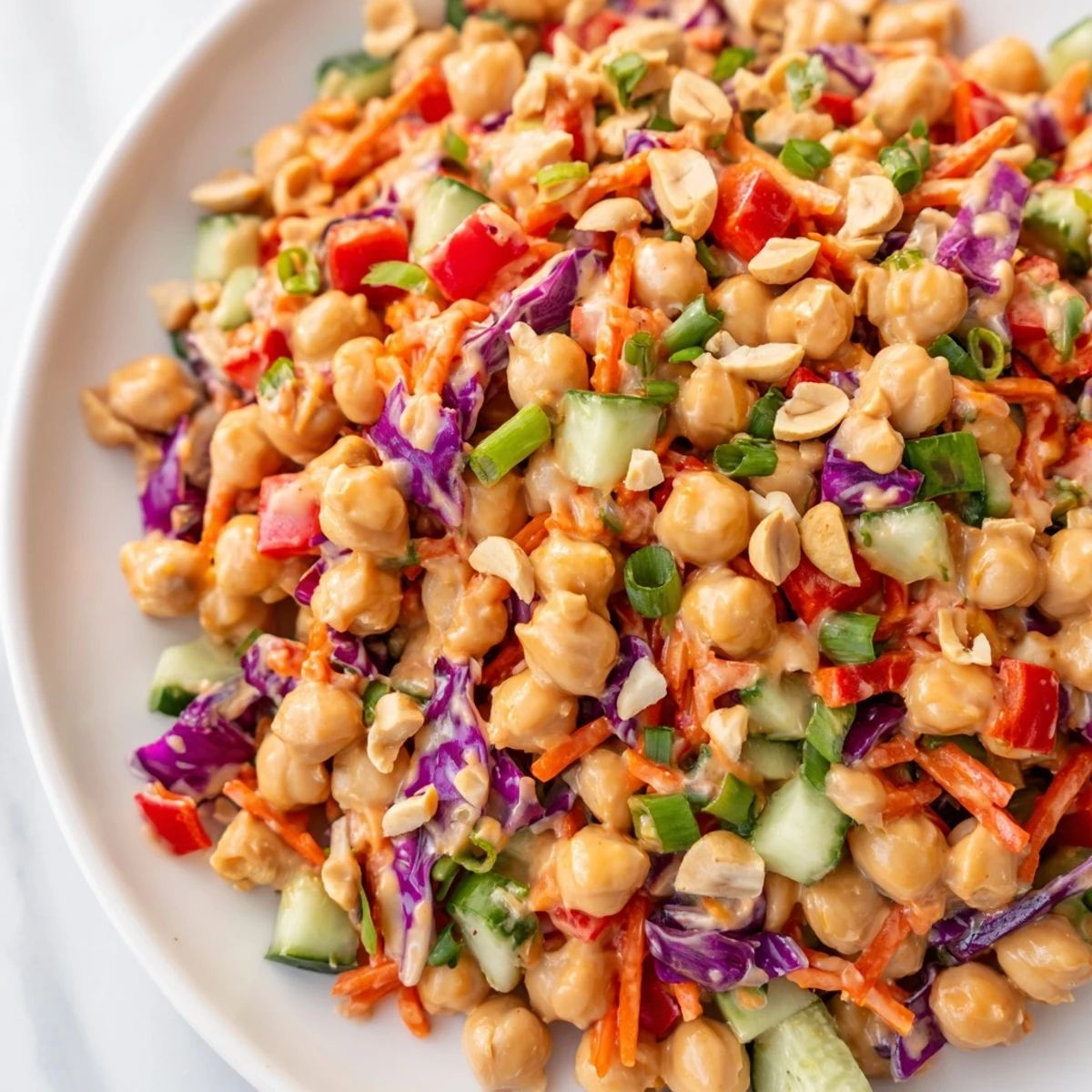 Crunchy Thai chickpea salad tossed in creamy peanut dressing with colorful shredded vegetables