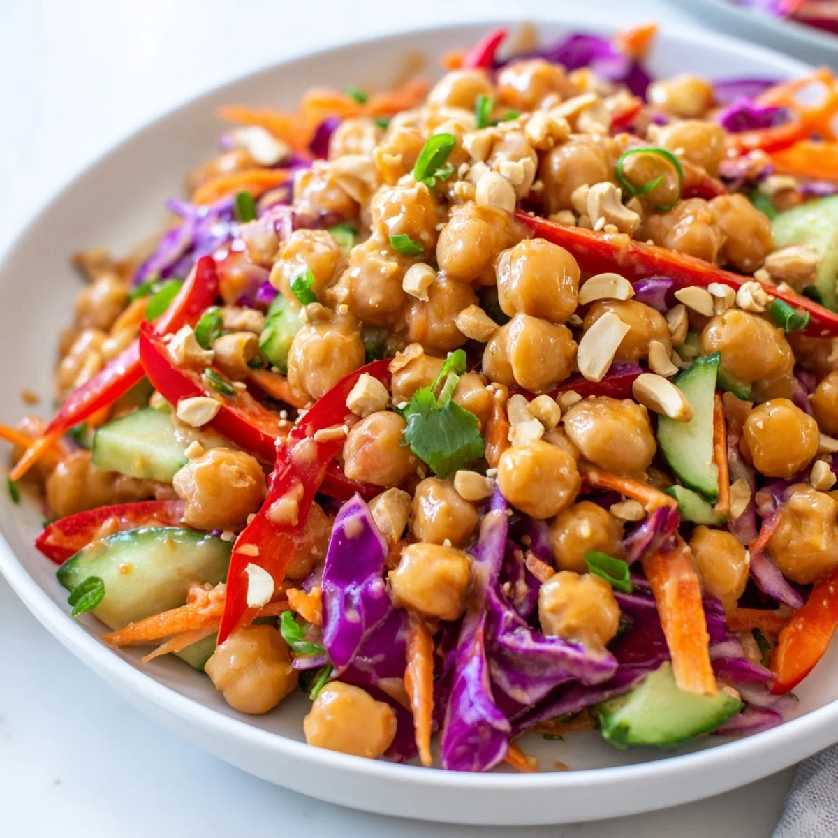 Crunchy Thai chickpea salad topped with roasted peanuts and drizzled with zesty ginger lime dressing