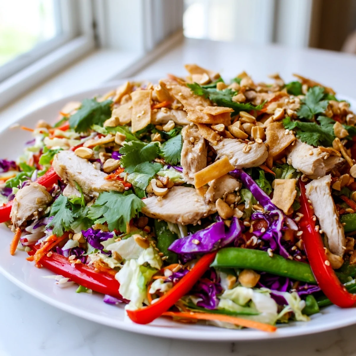 Colorful chicken cashew crunch salad piled high with crisp vegetables and roasted cashews