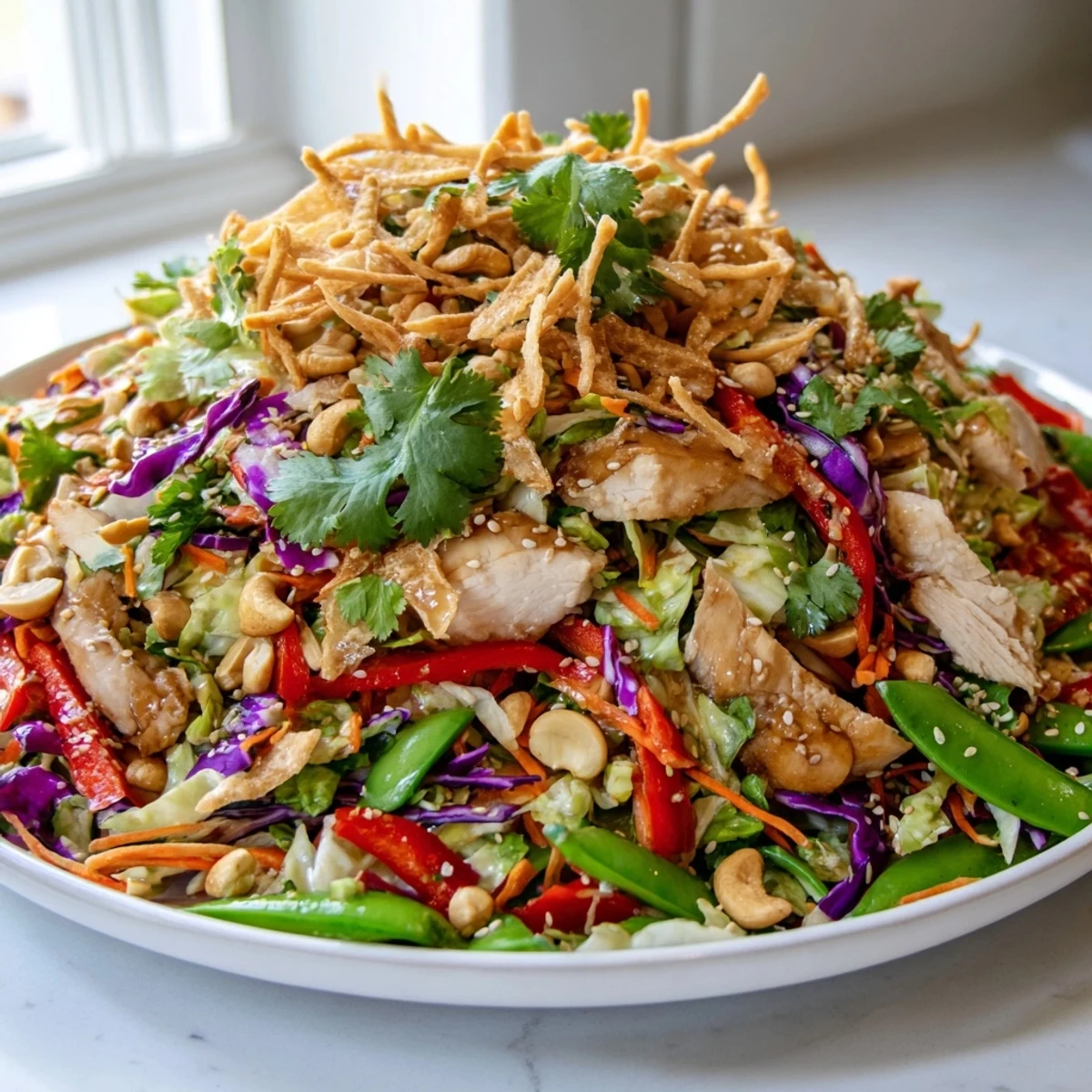 Golden sliced chicken over vibrant cabbage and snap peas in chicken cashew crunch salad