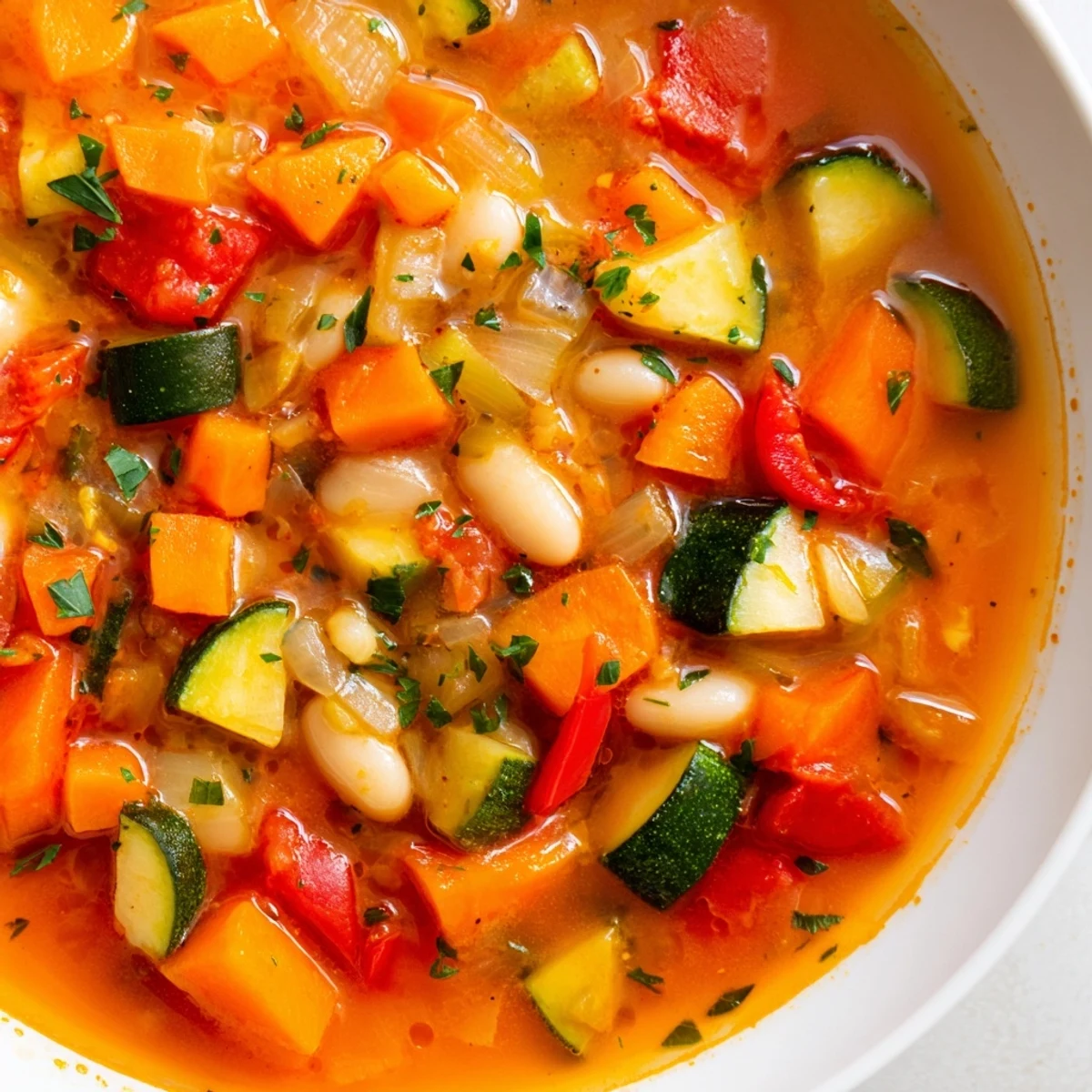 Steaming bowl of Mediterranean Soup topped with fresh parsley and a lemon wedge