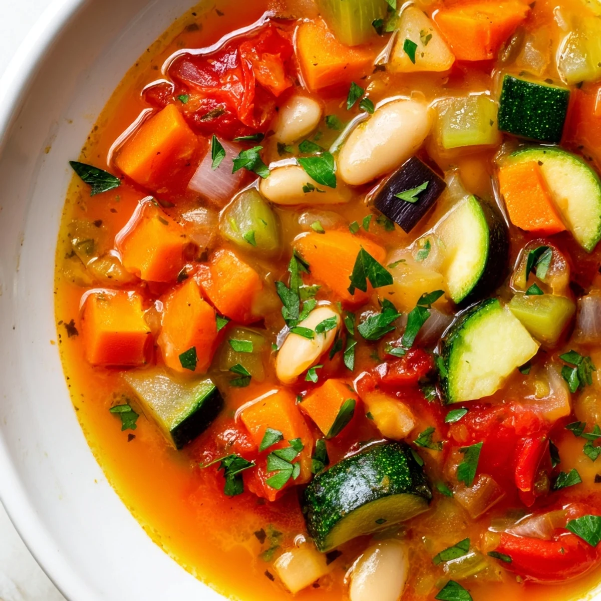 Creamy Mediterranean Soup ladled into a rustic bowl with a crusty bread slice