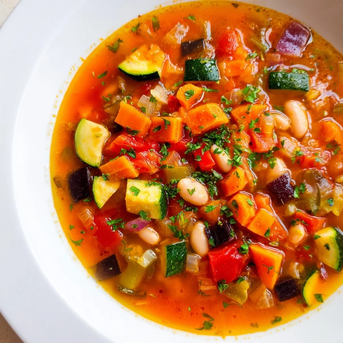 Colorful Mediterranean Soup brimming with tender vegetables, white beans, and fragrant herbs