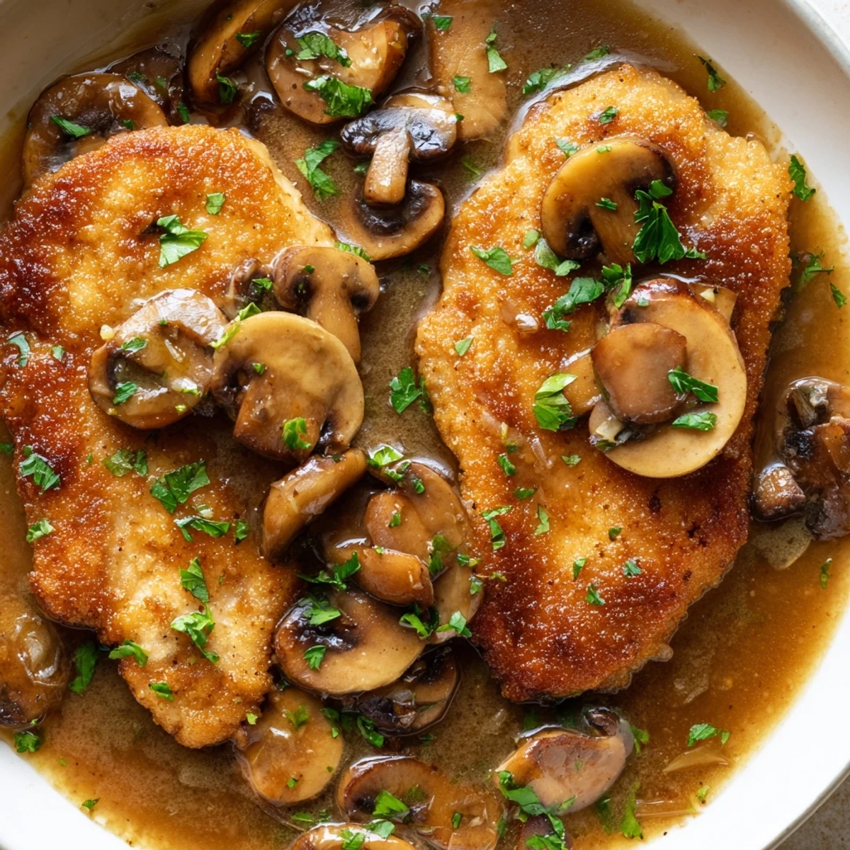 Golden chicken breasts nestled in a rich, dairy-free chicken marsala sauce with mushrooms