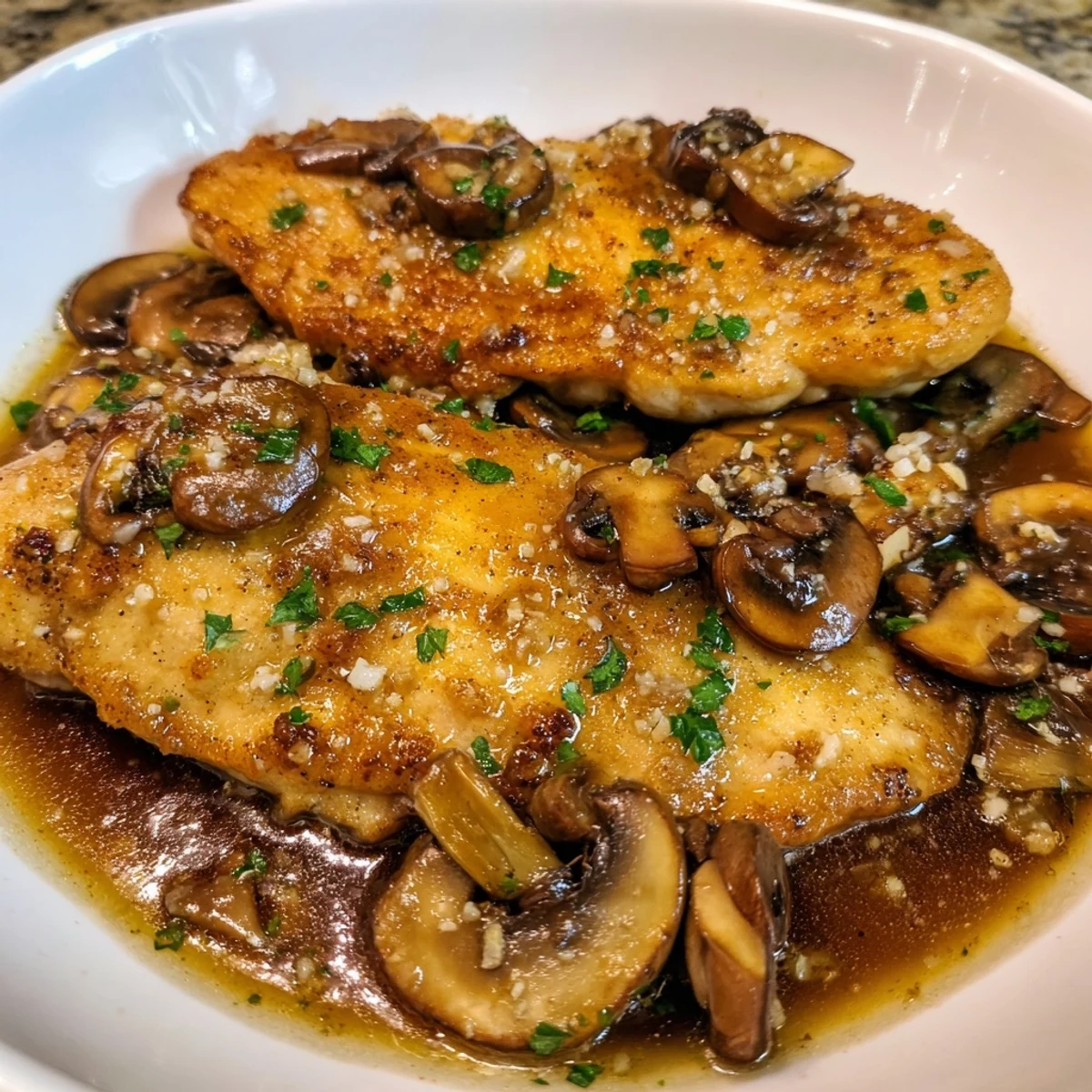 Creamy dairy-free chicken marsala served in a skillet with sautéed cremini mushrooms and parsley