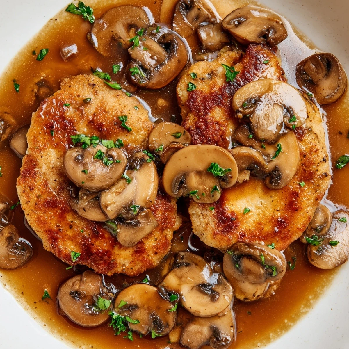 Pan-seared chicken marsala topped with glossy wine sauce, tender mushrooms, and fresh green parsley