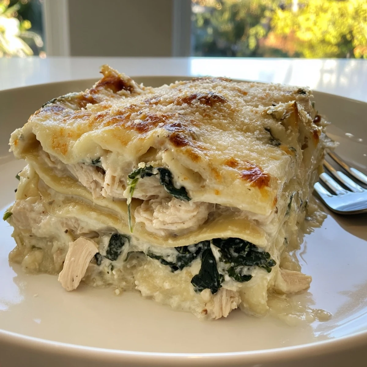 Creamy white chicken lasagna with golden melted cheese bubbling in a rustic baking dish